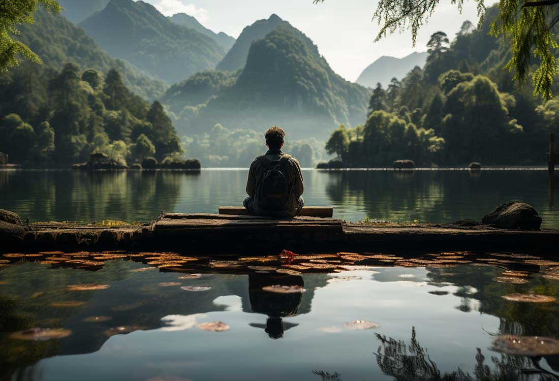 Man meditating in tranquil surroundings, epitomizing Healing Moon Ayurveda's commitment to health and wellness.